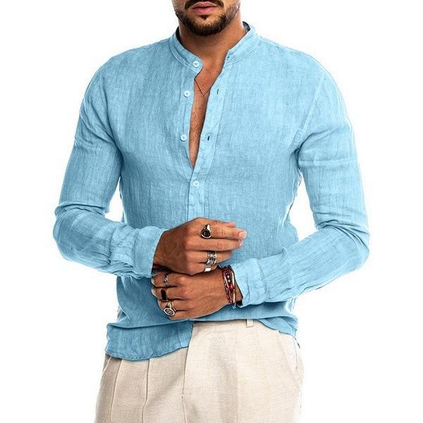 Plus Size Men's Spring and Summer Comfortable Long Sleeve Linen Top Solid Buttoned Stand Collar Loose Shirt