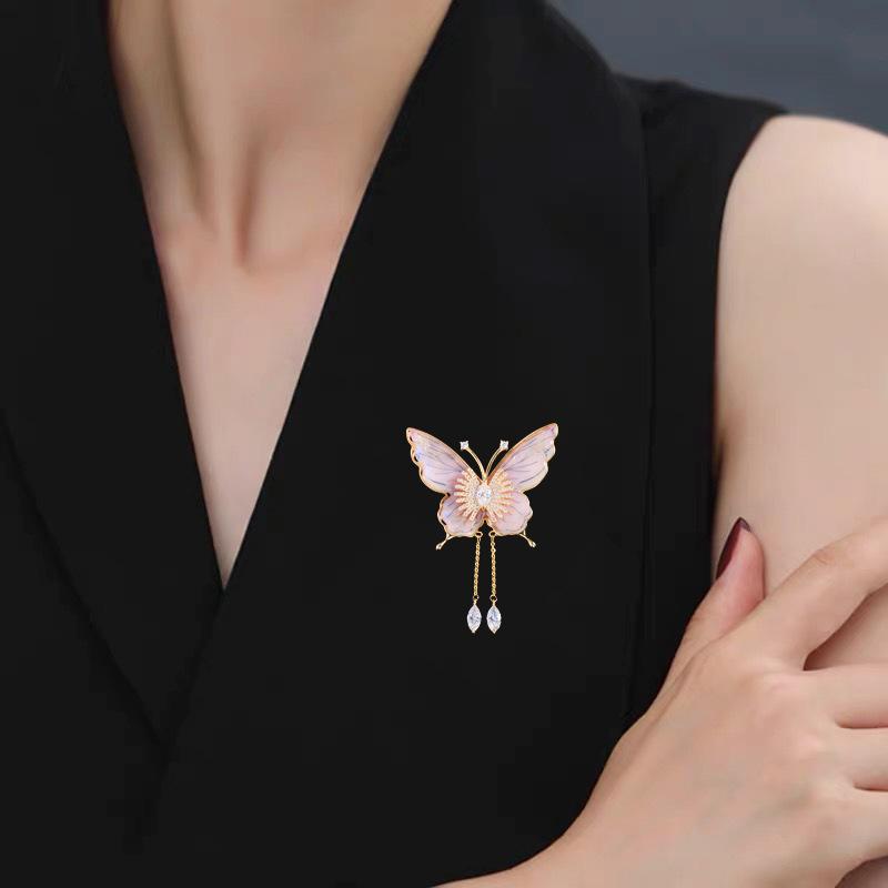 Ladies' Light Luxury Design Water Droplet Fringe Butterfly Brooch Fashionable Micro Inlaid Zircon Multifunctional Brooch
