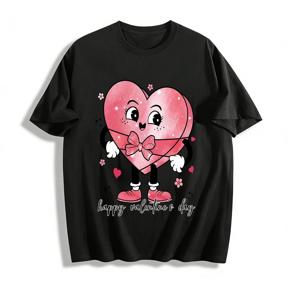 

Happy Valentine s Day Cute Heart Gift Box Print Casual Top Pure cotton T-shirt 6XL
