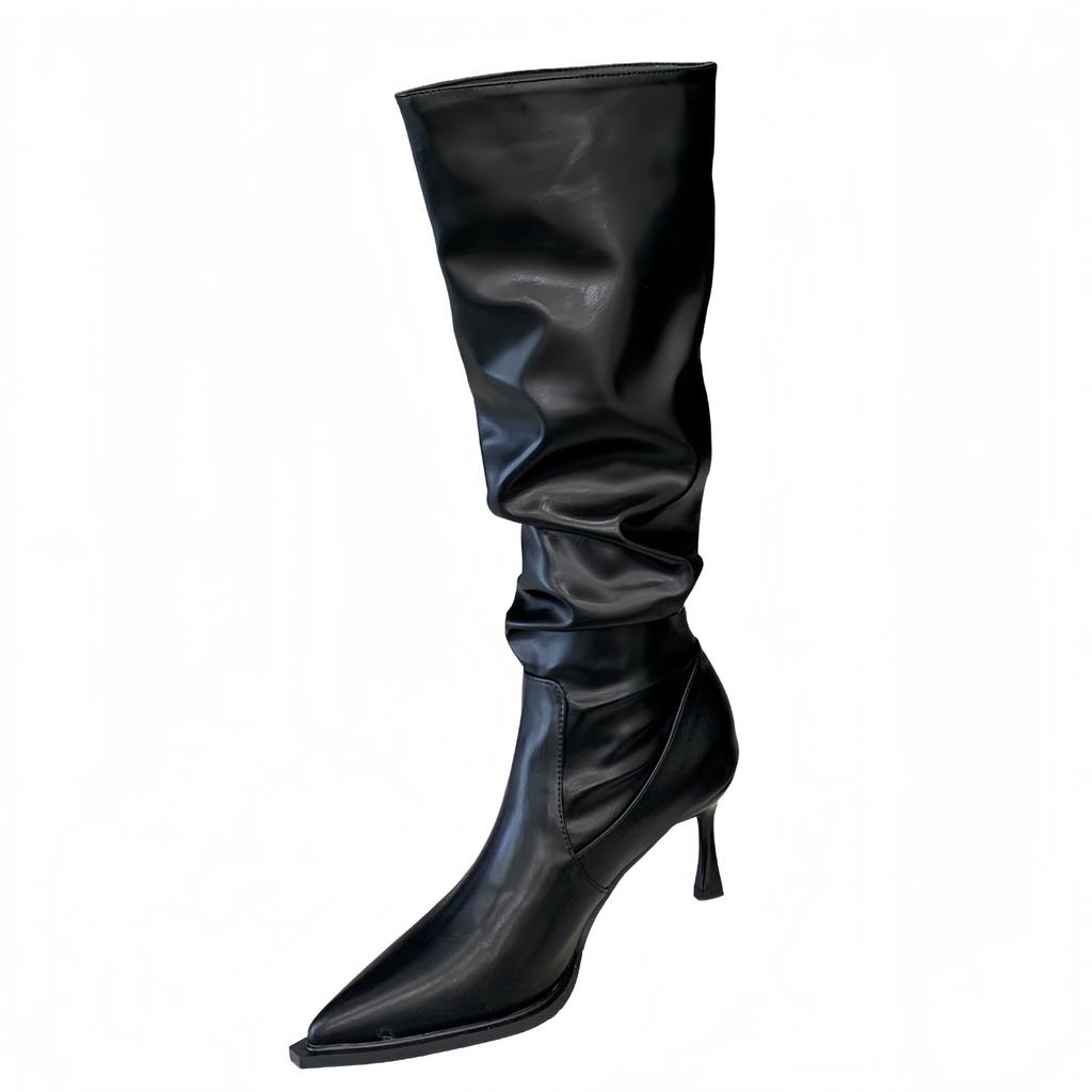 2025 Maillard brown boots women's but knee pointed boots thick heel thin pleated pile boots