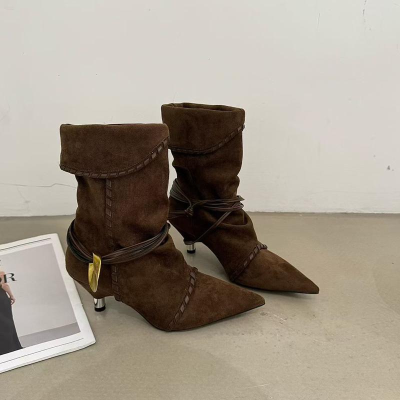SUOJIALUN Zima Nowa Marka Damskie Krótkie Buty Modne Plisowane Wsuwane Do Połowy Łydki Cienki Niski Obcas Outdoorowe Eleganckie Szpilki z Ostrym Czubkiem