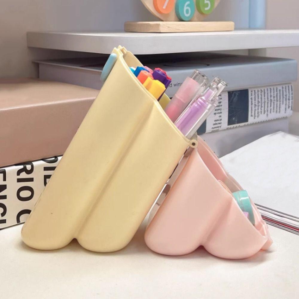 Compact Creative Desktop Slanting Organizer Cartoon Simple Slanted Pen Holder Solid Color Sturdy Pencil Case School Use