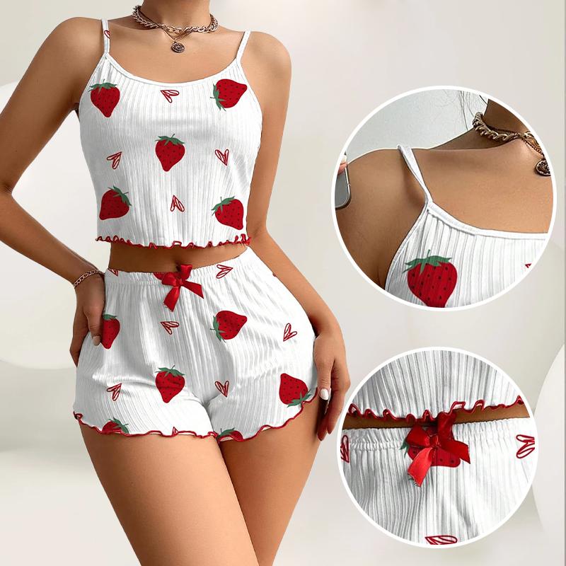 Women's Strawberry Printed Pajama Set Ice Silk Camisole Vest and Shorts Casual Home Pajama Set 2 Pcs