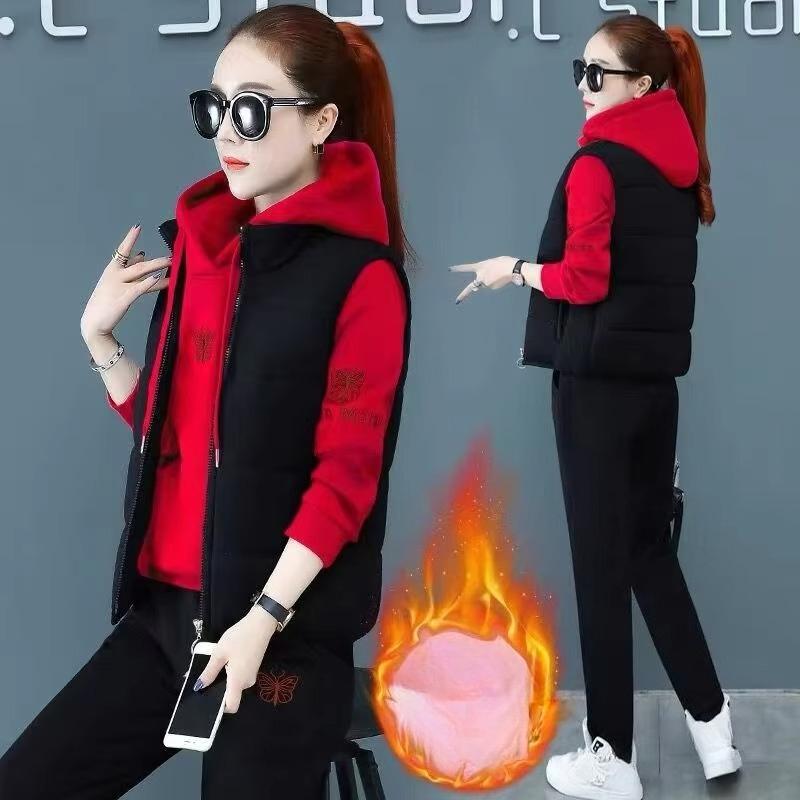 2 Pieces Women Sets Autumn Thickened Fleece Sportswear Vest+hoodies+pant Cold-proof Winter Coat Sets Women's Clothing