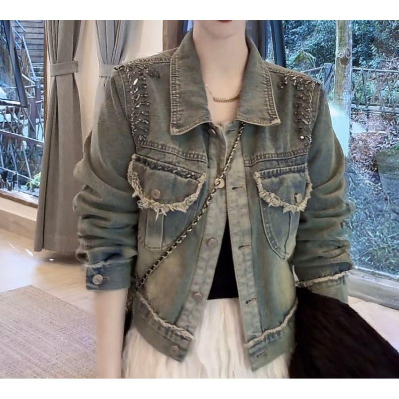 

Trendy Heavy Industry Distressed Burr Short Spring and Summer Beaded Denim coat S