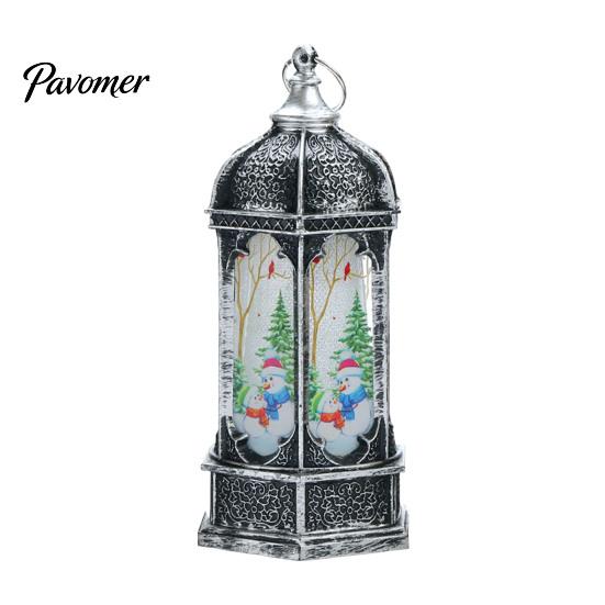 Decorative Holiday Desk Lamp Hexagon Christmas Lantern, LED Vintage Glowing Tabletop with Painted Night Light Scene, Flameless Candle for Bedroom And