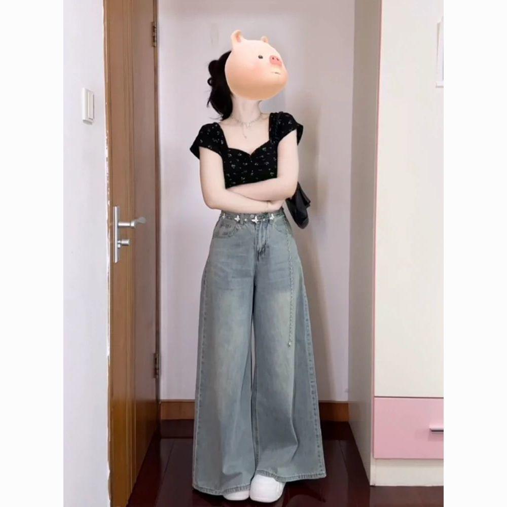 

Light Blue High-Waisted Wide-Leg Jeans - Small Size, Spring/Summer, Loose and Slimming, Floor-Length. S (85-97 lbs)