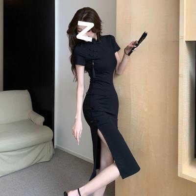 Chinesische Retro-Schnalle verbesserter Cheongsam-Rock Kinder-High-End-Schwarzkleid Sommer Taille geteilt Hüftrock