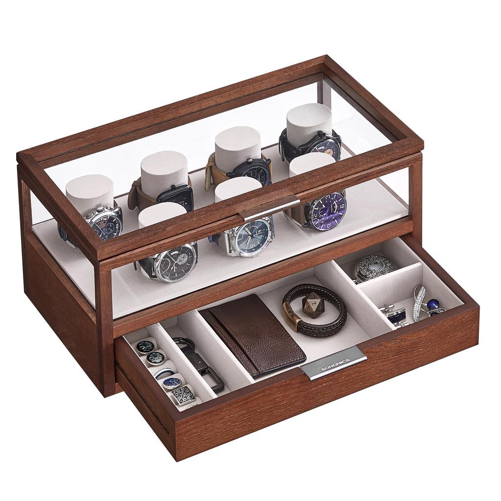 SONGMICS Watch Holds 7 Watch Storage Box with Clear Stylish Wooden Watch Day Gift for Men and Birthday JOW007K01 Case, Watches, 2-Tier Lid, Case,