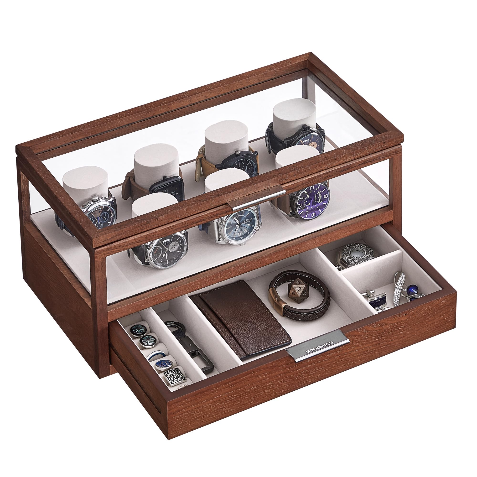 

SONGMICS Подставка для часов Вмещает 7 часов Коробка для хранения часов с прозрачной стильной деревянной крышкой Подарок на день часов для мужчин и на день рождения JOW007K01 Кейс, Часы, 2-ярусная крышка, Кейс,
