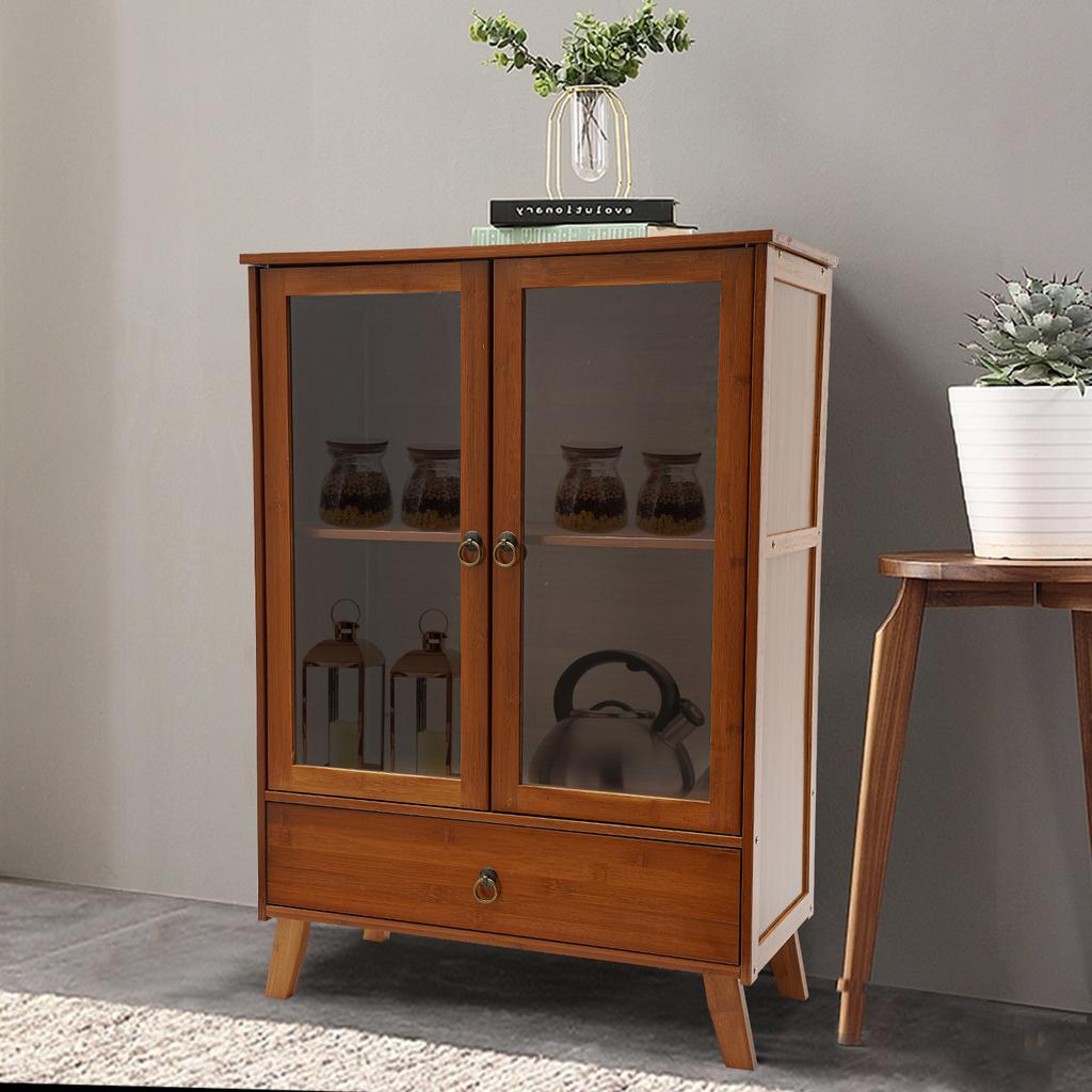 Retro Bamboo Kitchen Sideboard W/ 2 Compartments & 1 Drawer, Multi-Functional Organizer, Reestanding Storage Cabinet, Shoe Rack