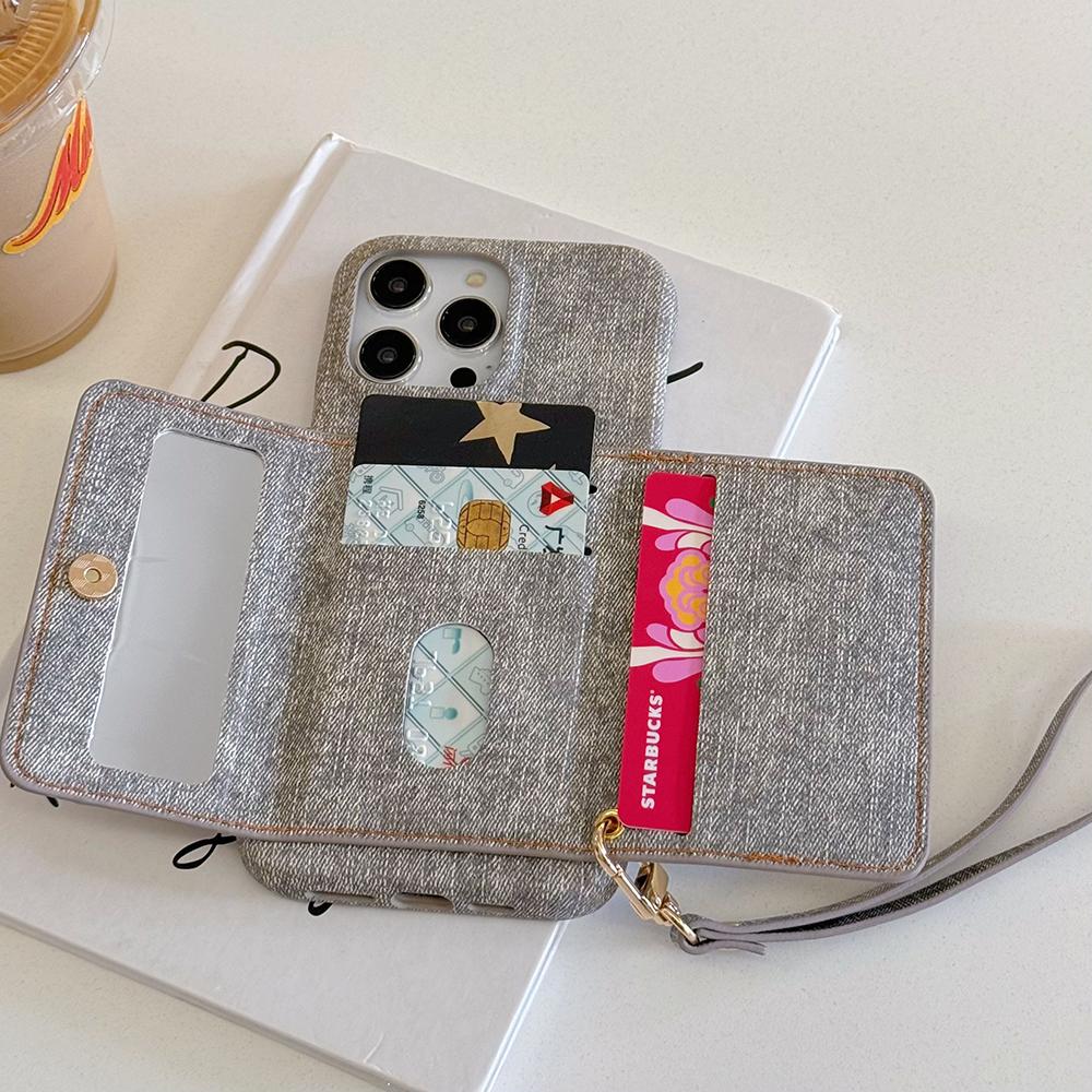Für iPhone 16 Pro Max Hülle Kartenfächer Spiegeldesign Jeansstoff Textur PU Leder Rückseite mit Trageband