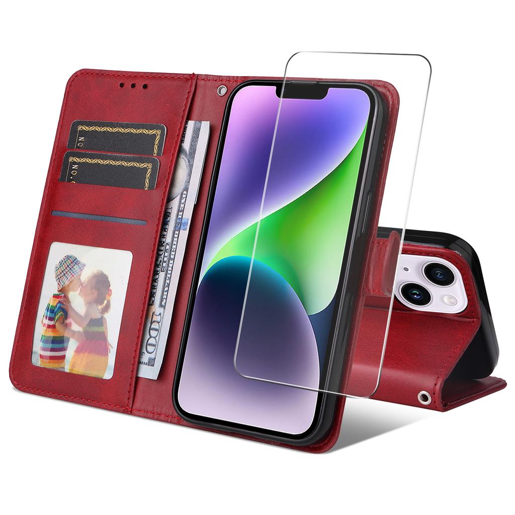 For iPhone 15 PU Leather Wallet Case Phone Stand Cover with Tempered Glass