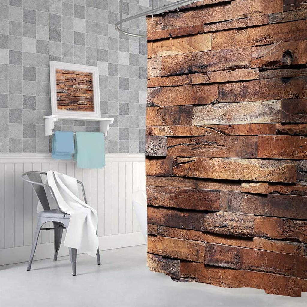JAWO Rustic Barn Door Shower Curtain, Wood Panels Wall and Floor Texture, Polyester Fabric Bathroom Decor, Bath Curtain with Hook, Bathroom