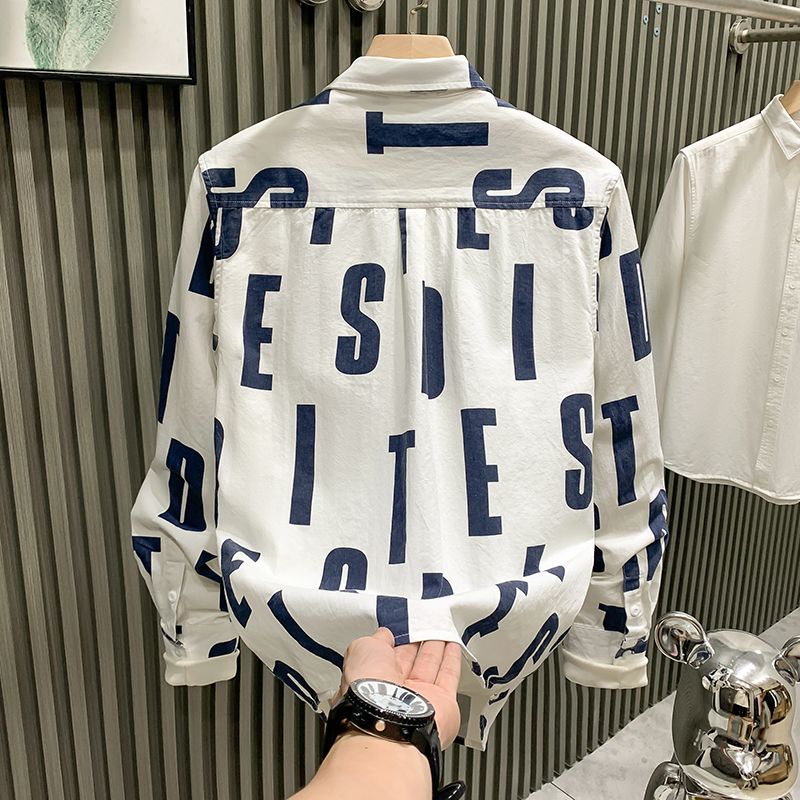 Men Clothing Spring Autumn Trendy Vintage Letter Print Lapel Shirt Simple Casual Long Sleeve Pocket Loose Tops Camisa Masculina
