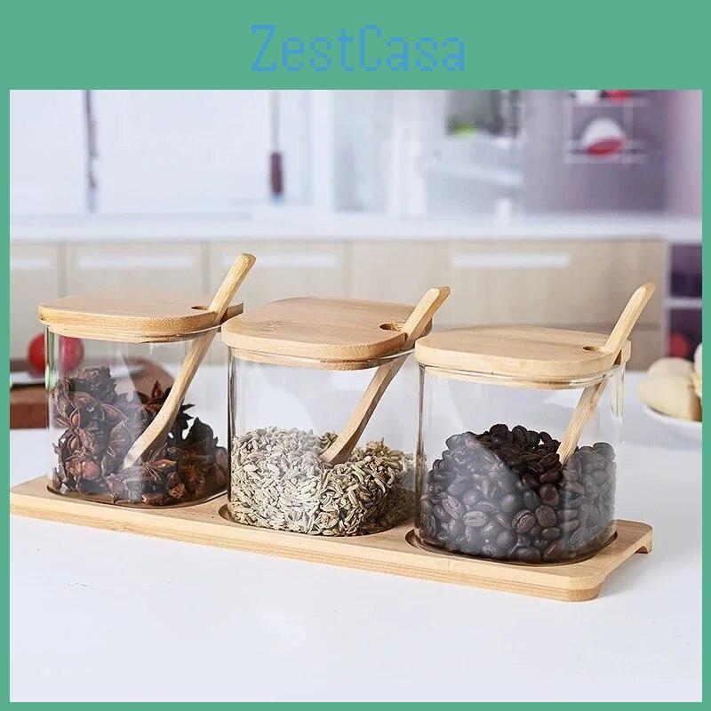 Glass Jars 3pcs Seasoning Set With Bamboo Lid Spoon And Storage Tray Salt Sugar Spices Food Storage Container Kitchen Oraganizer