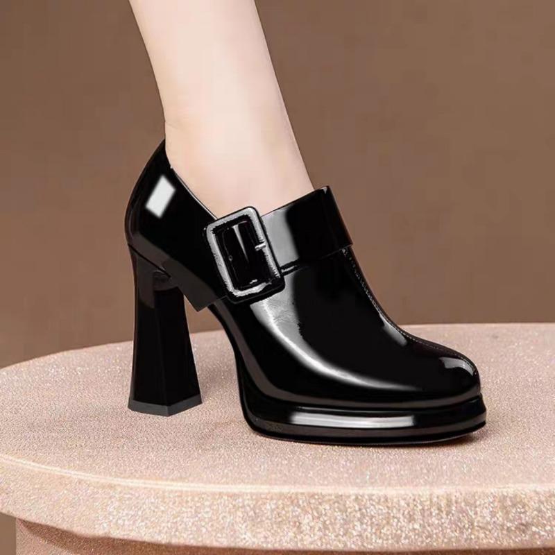Spring and Autumn New Fashion High Heels Fashion Square Buckle Round Head Thick Heel Single Shoes Women Patent Leather Women's Shoes