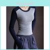 Baumwoll Color Block Langarm-T-Shirt für Damen mit figurbetontem Design für den Herbst