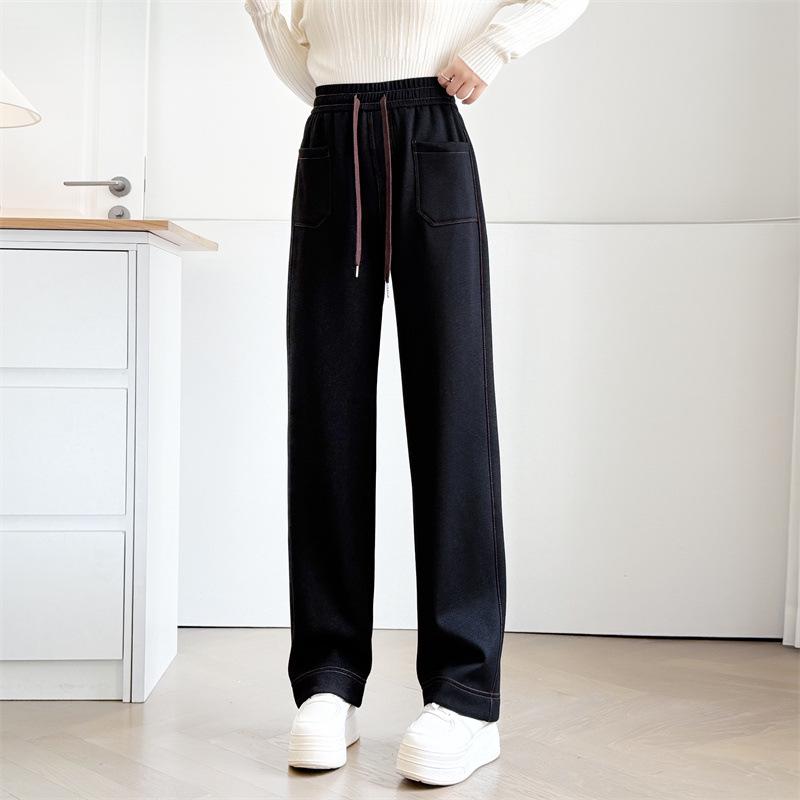 

Women s Plus Velvet High Waist Straight Leg Trousers - Plus Size, Slimming, Casual, 2025 Autumn/Winter Collection 4XL чёрный