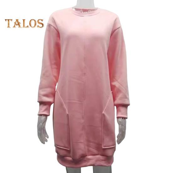 Damen-Sweatshirtkleid mit zwei Taschen, Rundhalsausschnitt, langen Ärmeln, einfarbig, lockeres Minikleid, Pullover, für den Alltag, lässiges kurzes Kleid