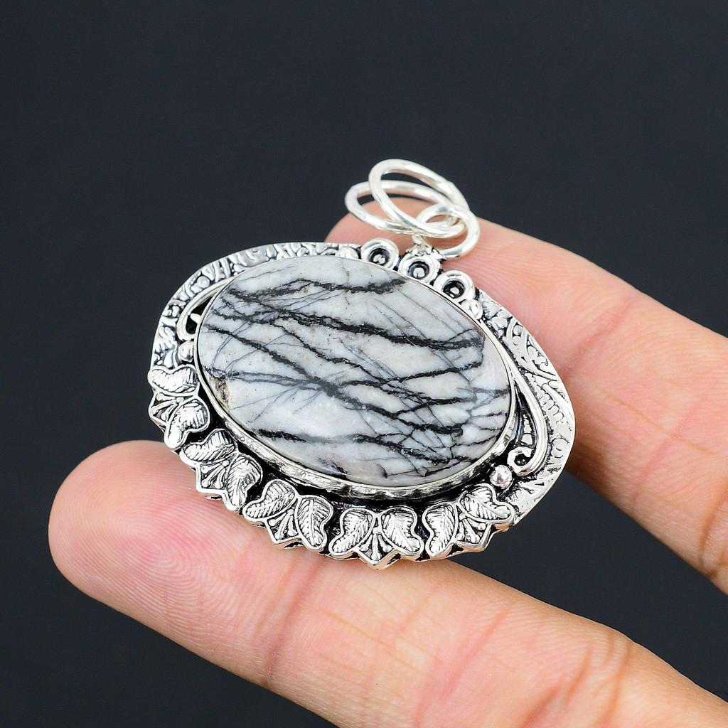 925 Sterling Silver Natural Spider Web Jasper Trendy Handcrafted Wedding Pendant