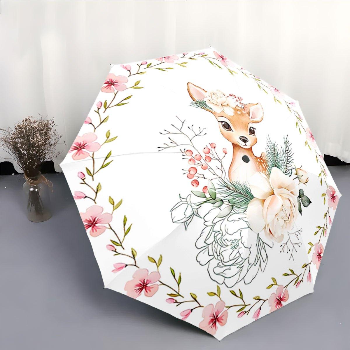 

Automatic Open/Close Umbrella with Deer & Floral Design - Compact Folding Umbrella, Sturdy 8-Rib Construction, Windproof, Port (as the picture,Iron&8K)