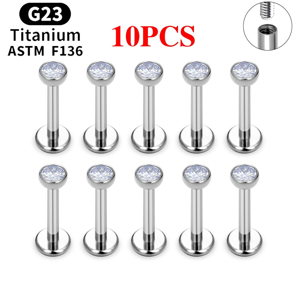 10/50 STK G23 Titan Piercing Labret Læbe Stud Ring CZ 16G Indvendigt Gevind Stud Ørering Øre Tragus Brusk Helix Daith Smykker