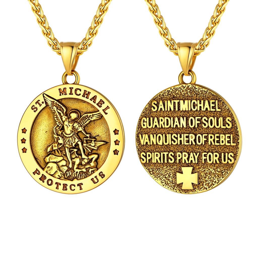 U7 Round Medal St Michael Necklaces for Men Stainless Steel Catholic Protection Amulet Archangel Pendant 22" Chain Jewelry Gift