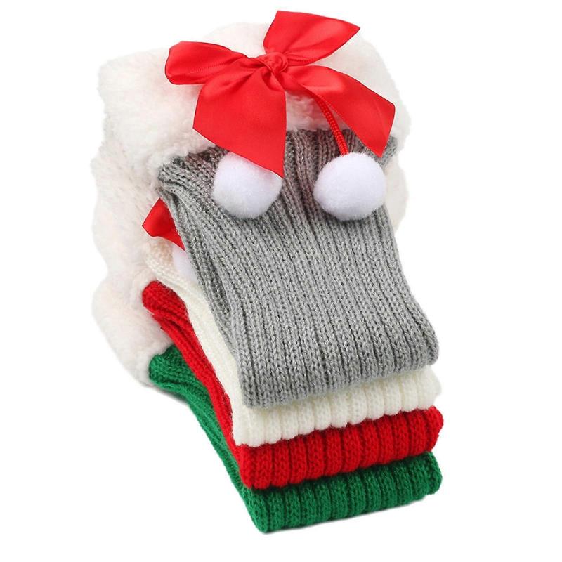 Fashionable Knitted Leg Warmers for Women Winter Fleece Trim Boot Covers Footless Socks with Christmas Plush Balls Bows  Green Green Fur Ball