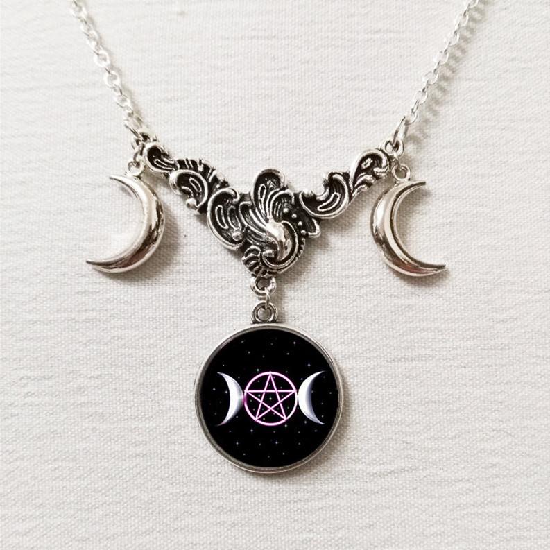 Retro Fashion Sliver Color Triple Moon Goddess Crescent Moon Crystal Glass Pendant Necklace for Women Amulet Charm Jewelry Gifts