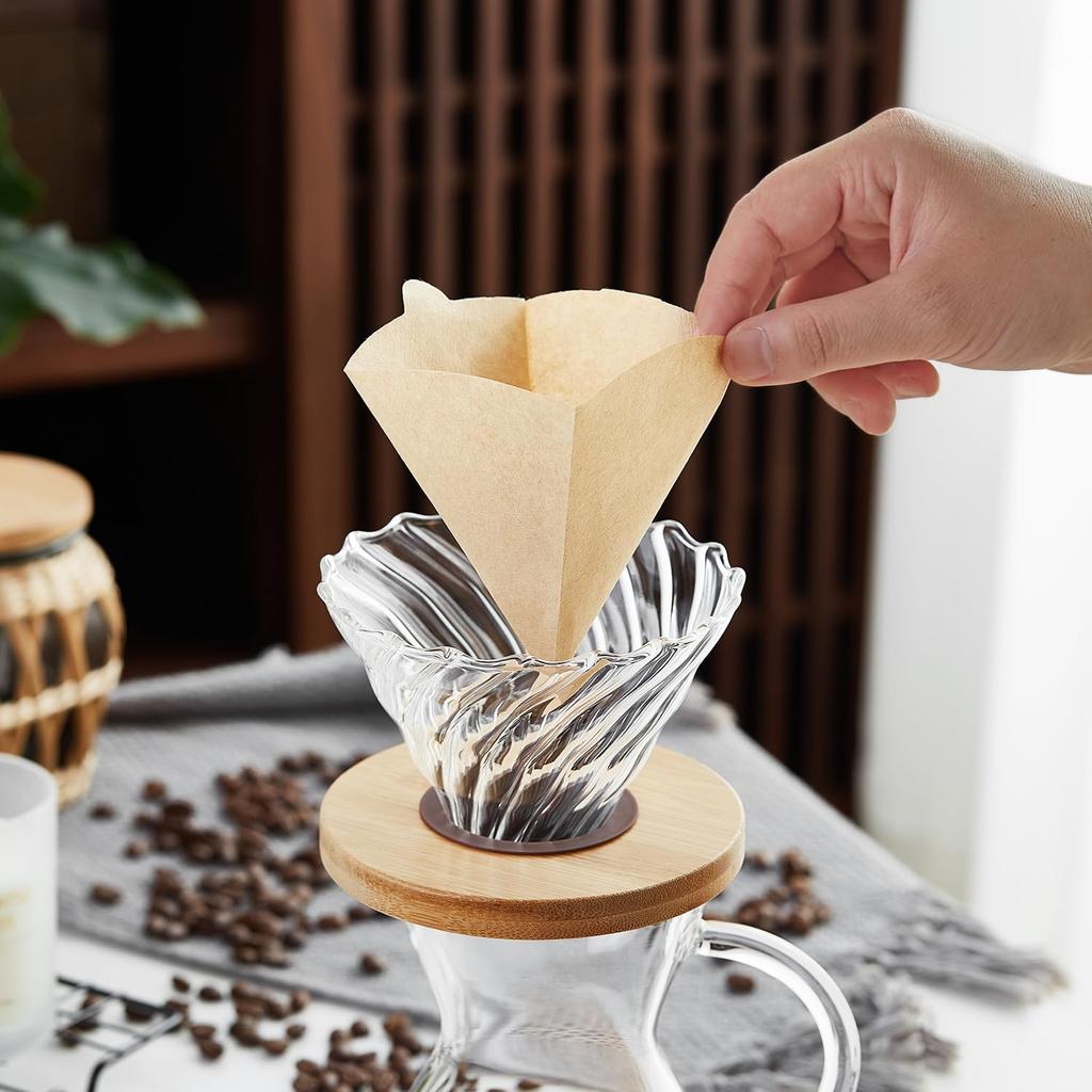 Pokaro Tea Coffee Paper Filter with Bamboo Cup Handmade Drip Coffee Coffee Present Dripper, Heat-Resistant Glass, Compatible, Stand, 1-4 Capacity,