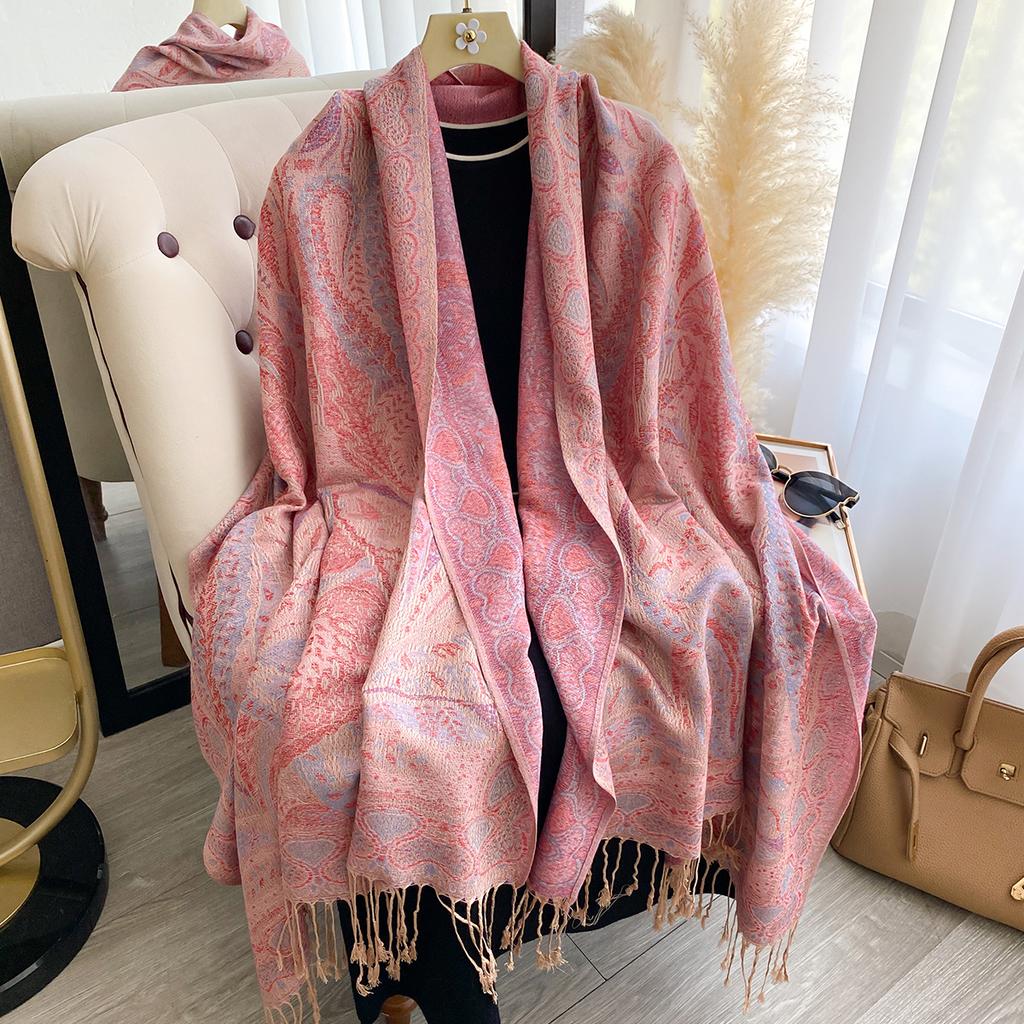 Damski Modny Zimowy Szalik z Sztucznego Kaszmiru Winylowy Wzór Z Frędzlami Gruby Ciepły Szal Pashmina Dwustronny Okrycie Zewnętrzne