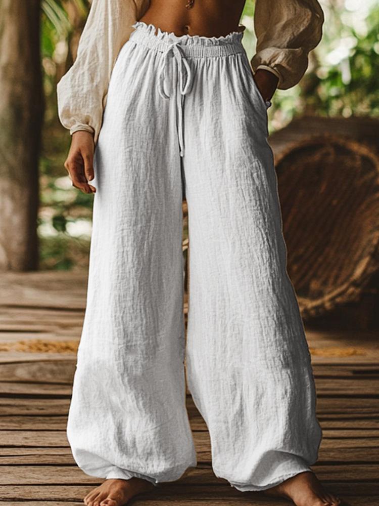 Women's High Waist Drawstring Wide Leg Pants Loose Fit Casual Trousers Multi Colors