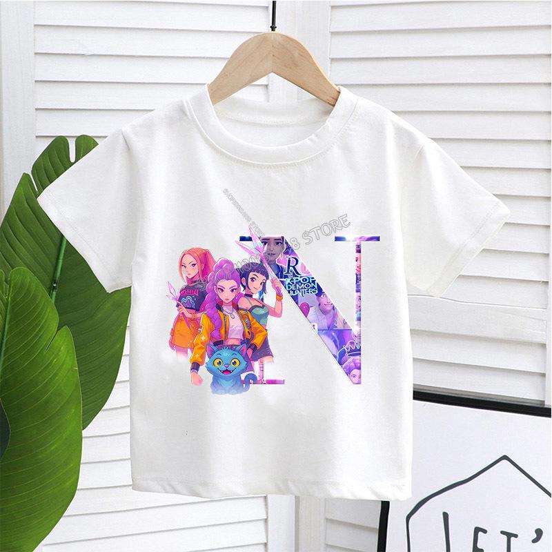 KPop Demon Hunters White T-shirt for Children A-Z Letters Tee Top Cartoon Round Collar Clothes Kids Short Sleeve Clothing Gift