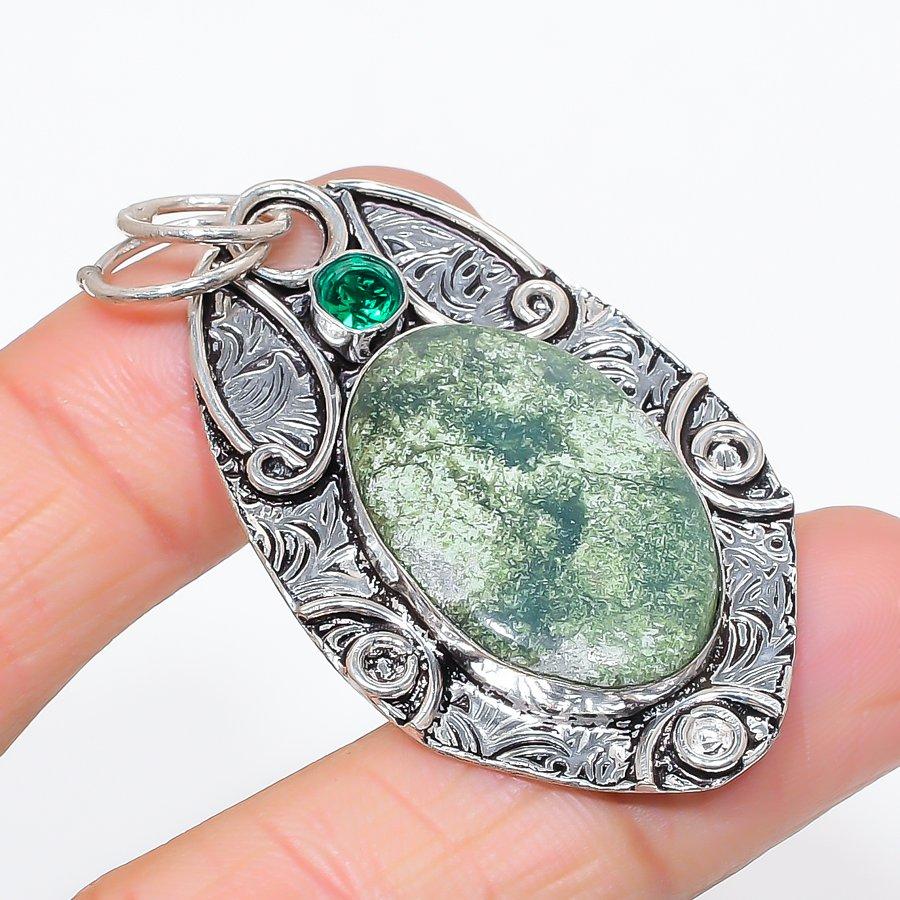 Natural Chrysoprase, Diopside 925 Sterling Silver Jewelry Pendant 2.21" C4W95