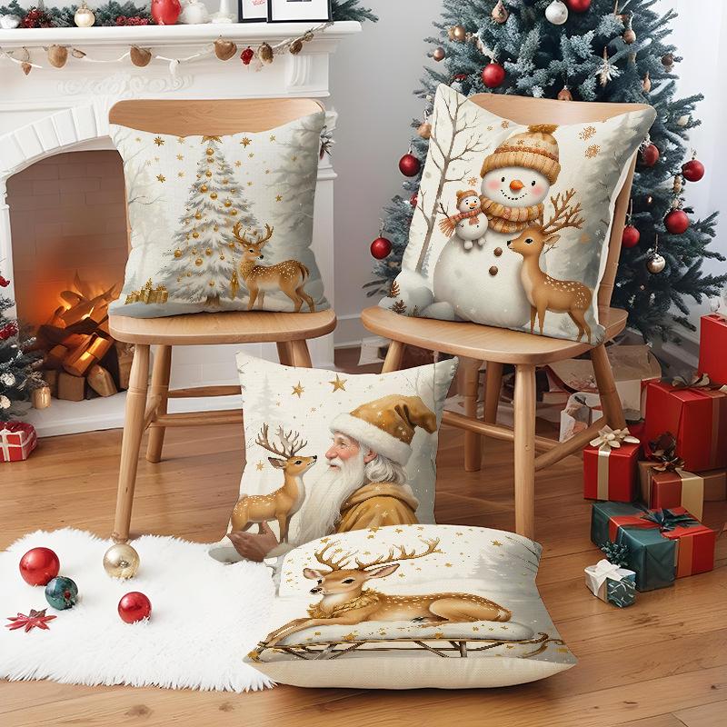 New White Snowman Christmas Pillowcase Linen Printed Pillowcase Festive Room Sofa Decoration Cushion Cover
