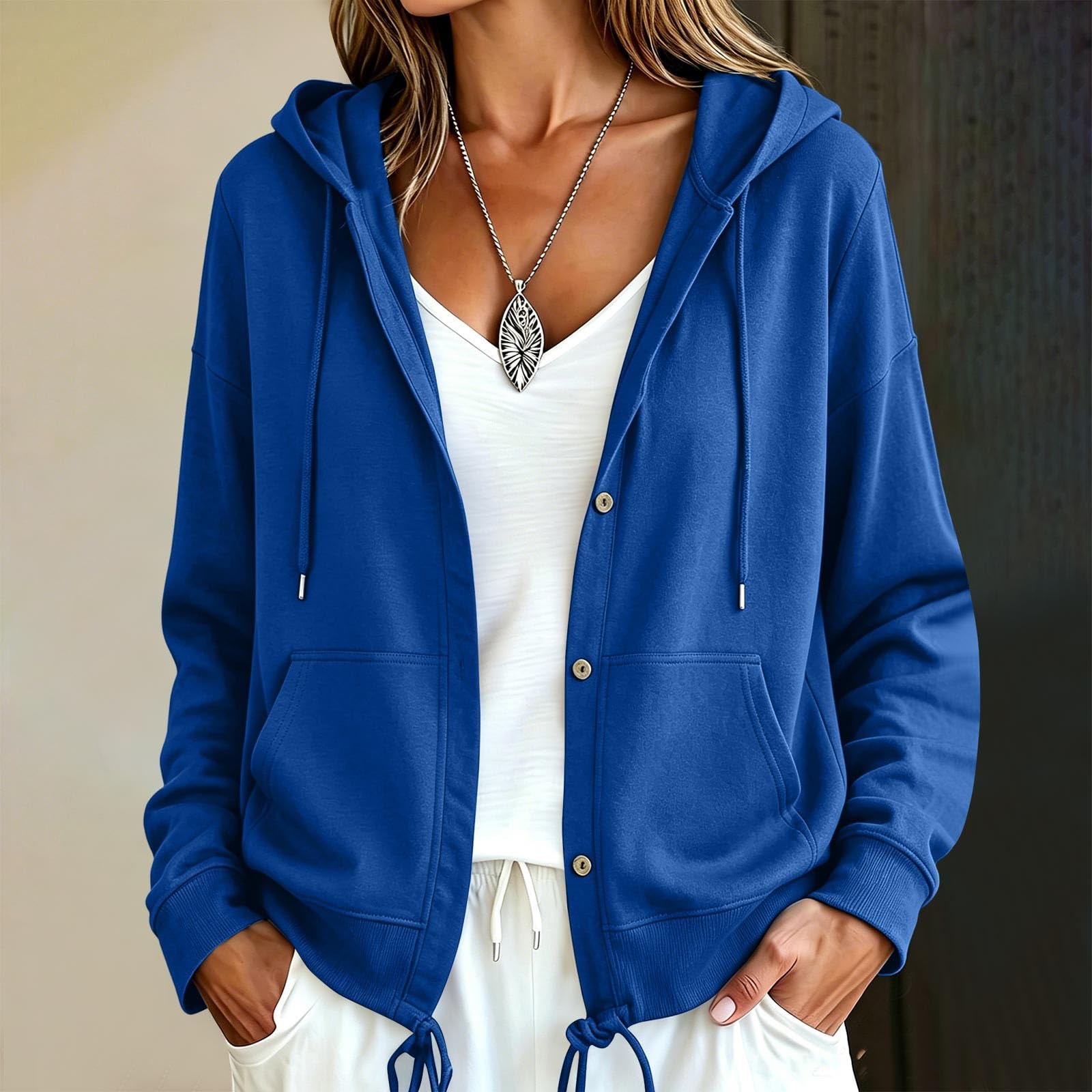 Women s Casual Long Sleeve Button Down Hoodie Jacket M
