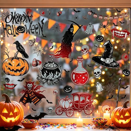 Removable Holiday Window Art 9PCS Halloween Static Stickers, Gothic Silhouette Decals, Reusable Waterproof PVC Wall Murals Horror for Glass
