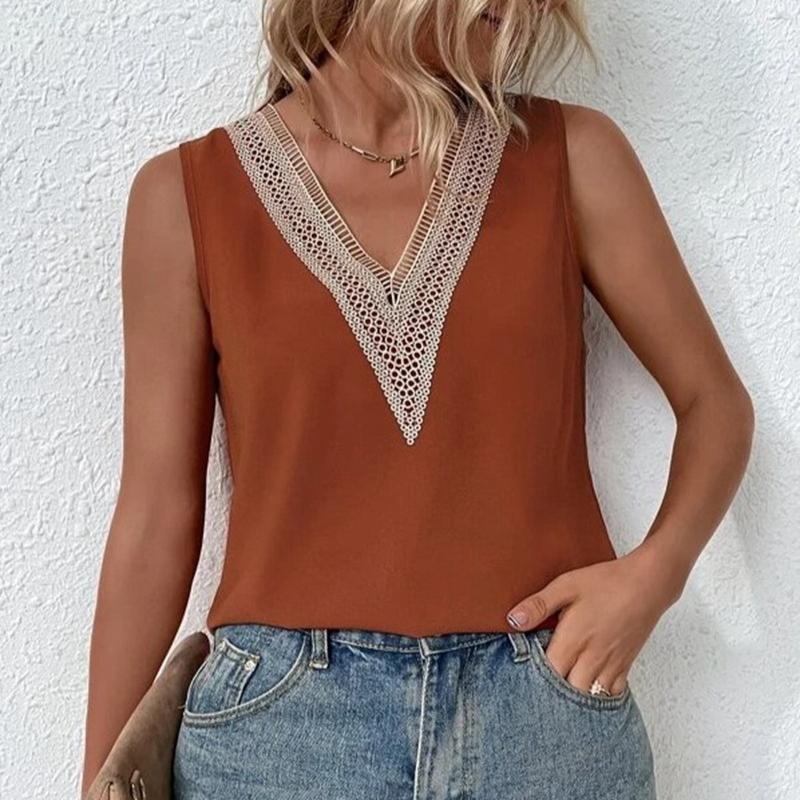 Sleeveless V-neck Lace Parchwork Blouse Women Loose Hollow Out Summer Tee Shirt Casual Streetwear Tsnk Top Sleeveless V-neck Lac