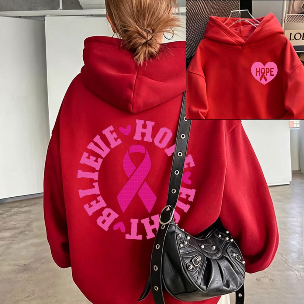 Believe Hope Fight Breast Cancer Awareness Hoodie Pink Ribbon Heart Letter Graphic Front Back Print Cancer Warrior Hooded Tops