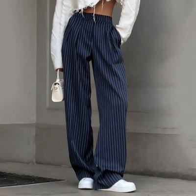 Women Elastic Waist Wide Leg Trousers With Pockets Casual Loose Pants Vintage High Waist Trousers Chic Straight Pants Pinstripe Office Wear Pants