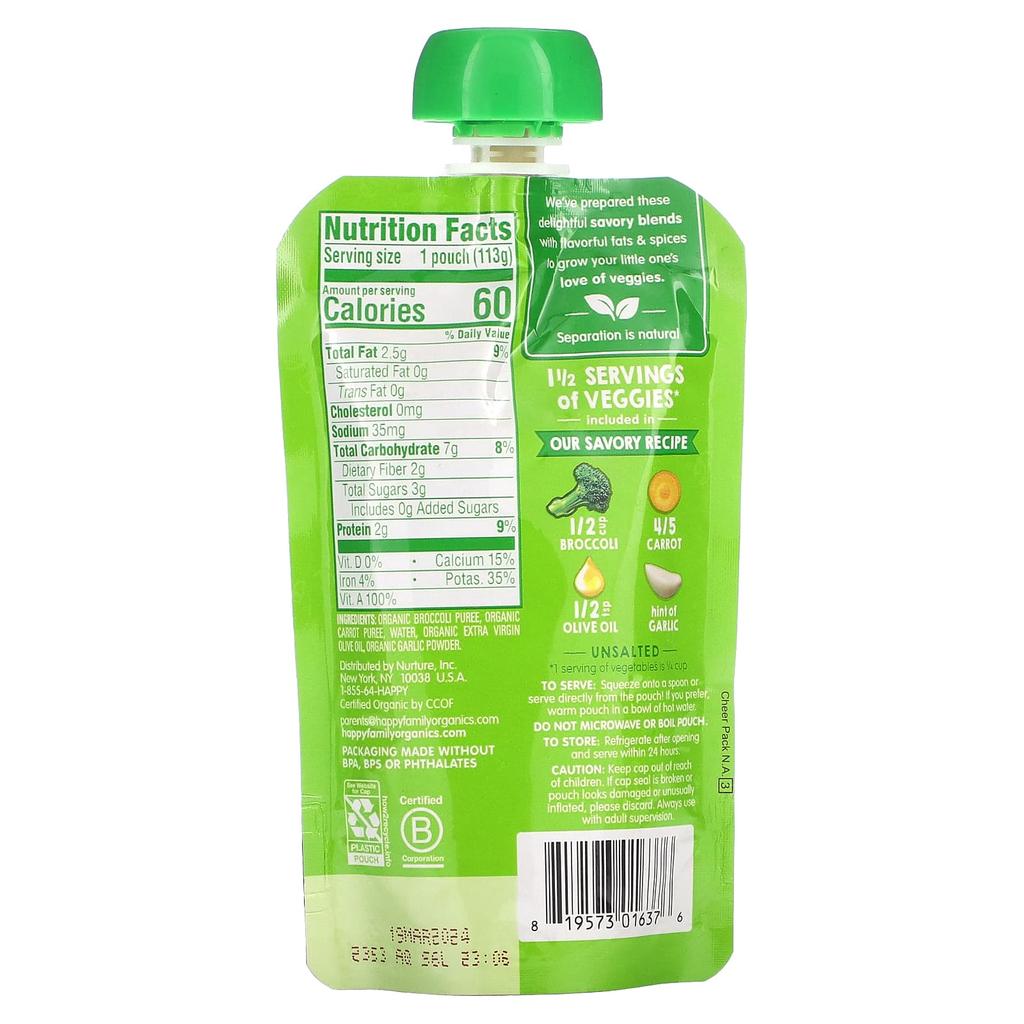 Happy Family Organics Happy Baby, Ages 6 Months and Up, Organic Broccoli & Carrots, with Olive Oil + Garlic, 4 Oz (113 G)