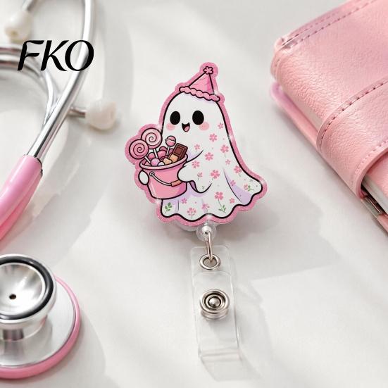 Decorative Badge Holder for Nurses Halloween Ghost Reel, Glitter Acrylic Retractable Clip, Cute Pink ID Name Women Nurse Teacher Medical Office Worker