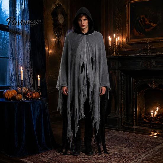 Vampiric Character Outfit Halloween Hooded Cloak, Medieval Gothic Wizard Vampires Cape with Black Mysterious Costume Accessory Mesh, Full Length