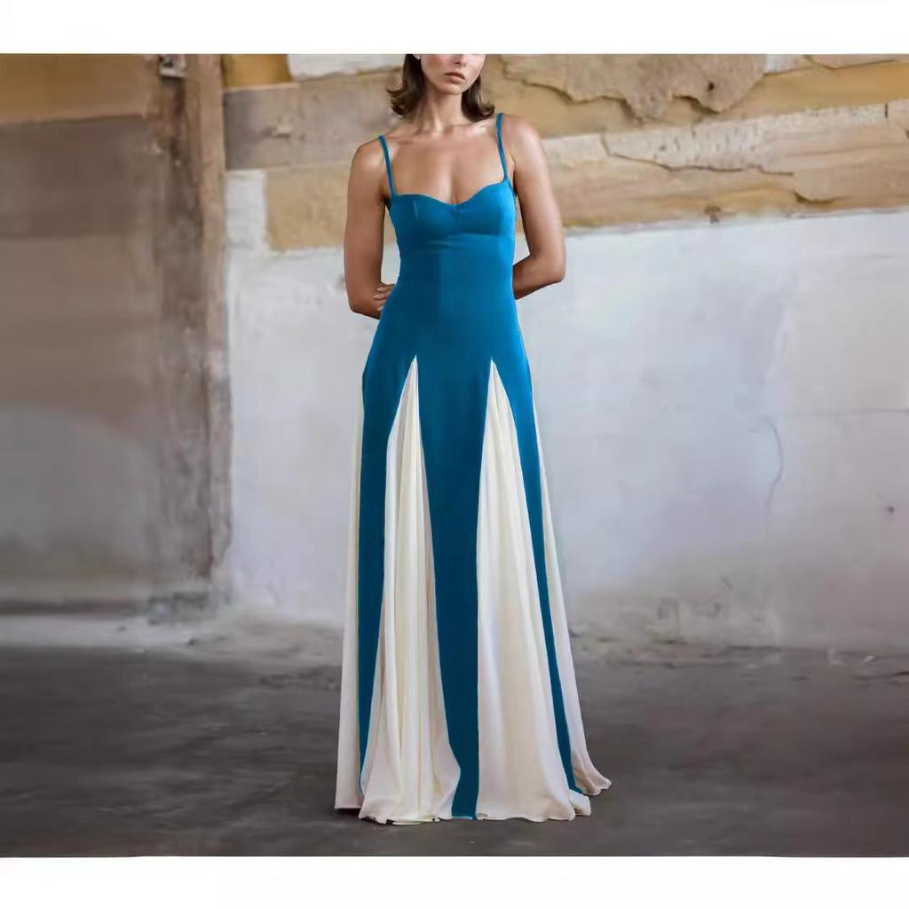 Summer European American Fashion Stitching Waist Slim Sling Dress