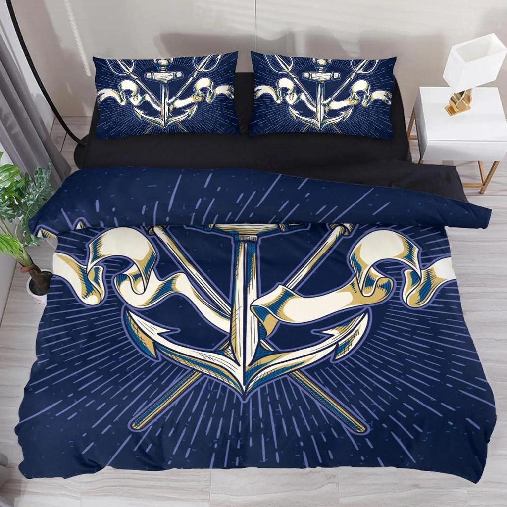 Comforter Anchor Nautical Steamboat Bedding Set Ocean Coastal Theme Blue And White Strip For Kids Adults King Size