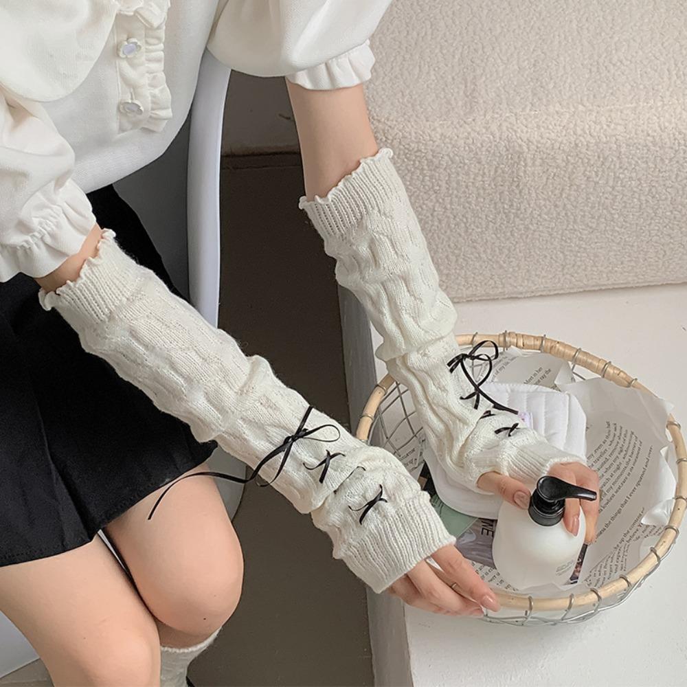New Thicken Arm Sleeves Bowknot Solid Color Knitted Gloves Y2K Soft Arm Warmers Female