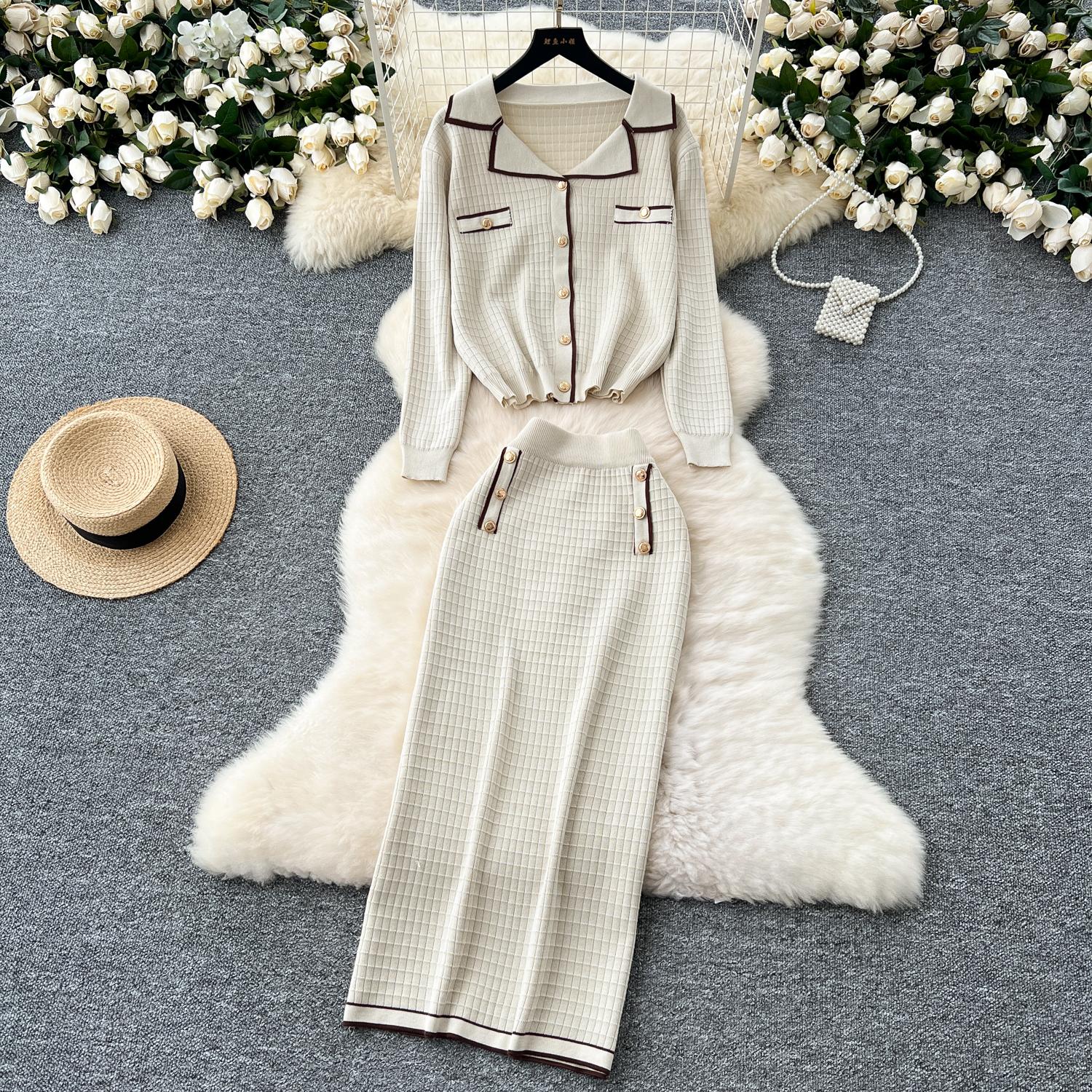 

Простий розкішний однотонний набір преміум-класу В’язаний набір осінь/зима Жіноча вільна сорочка-поло Пальто + спідниця з високою талією Комплекти з двох предметів One Size абрикосовий