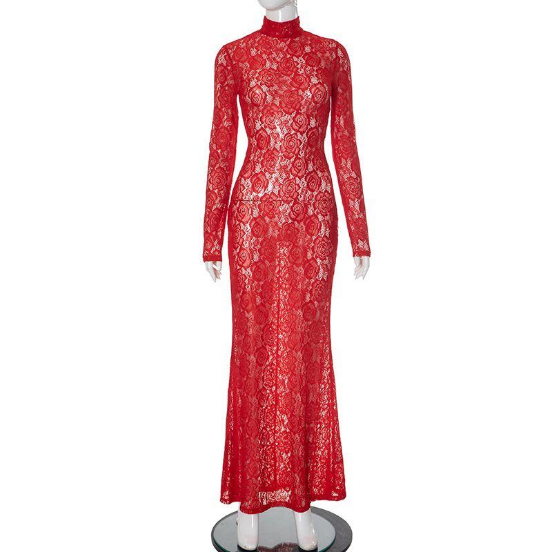 

Lace Sexy Dress European and American Women clothes Lace Stitching Half-high Collar Slim fit Transparent Sexy Temperament Dress Red L