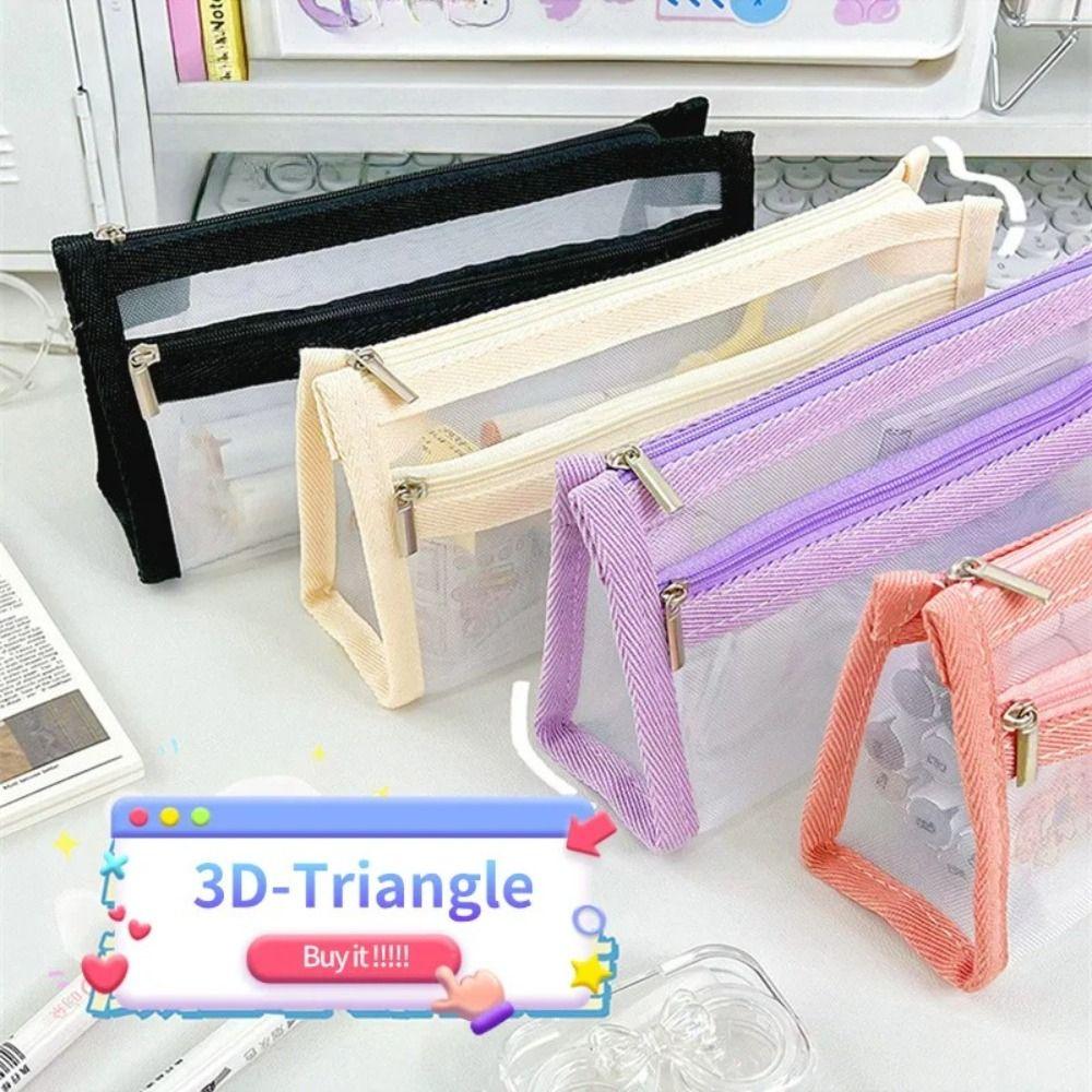 School Supplies Large Capacity Pencilcase Mesh Solid Color Pencil Bag Small Fresh Pencil Bag